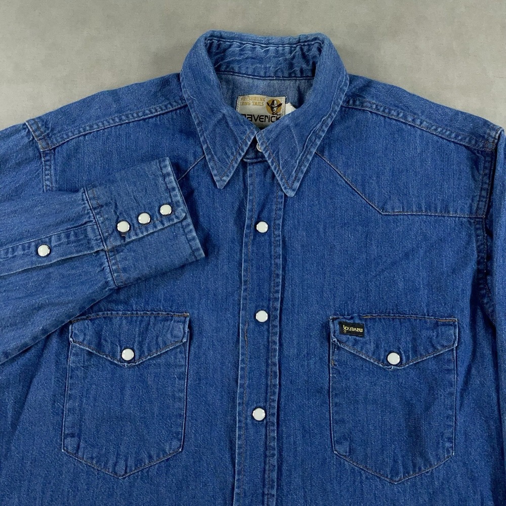 Vintage Denim Western Shirt Mens L‎ Blue MAVERICK Pearl Snap Long Tail USA 70s